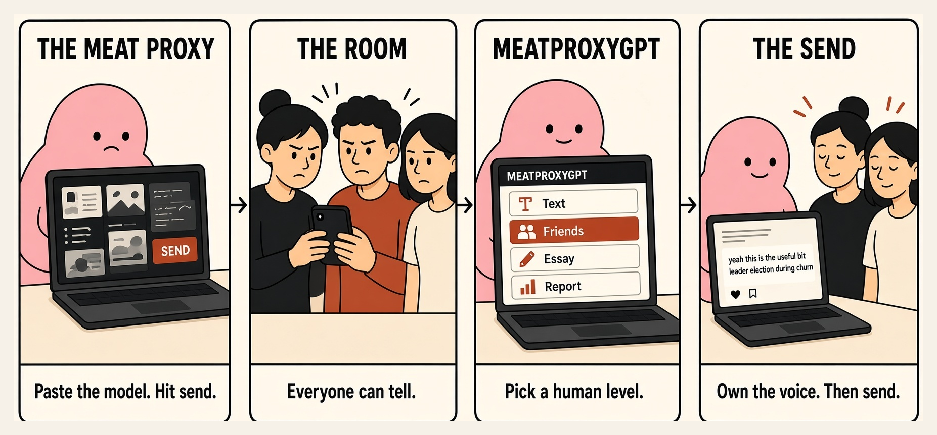 Four-panel comic: a meat proxy pastes unread AI, the room can tell, MeatProxyGPT rewrites it at a human register, then they own the voice and send.